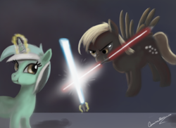 Size: 1024x744 | Tagged: dead source, safe, artist:auroriia, derpy hooves, lyra heartstrings, pegasus, pony, :t, female, flying, glare, levitation, lightsaber, magic, mare, mouth hold, parody, smiling, spread wings, star wars, telekinesis