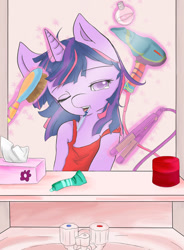 Size: 680x926 | Tagged: safe, artist:mlle-honey, derpibooru import, twilight sparkle, anthro, bathroom, brush, brushie, clothes, hair dryer, magic, mirror, morning ponies, perfume, toothbrush