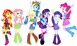 Size: 4981x3010 | Tagged: safe, artist:famousmari5, applejack, fluttershy, pinkie pie, rainbow dash, rarity, spike, sunset shimmer, twilight sparkle, twilight sparkle (alicorn), alicorn, dog, equestria girls, absurd resolution, backpack, balloon, boots, bracelet, clothes, cowboy hat, dancing, denim skirt, eyes closed, hat, high heel boots, humane seven, jewelry, jumping, piggyback ride, raised leg, simple background, skirt, spike the dog, stetson, transparent background, vector