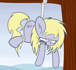 Size: 500x455 | Tagged: safe, artist:extradan, derpy hooves, oc, oc:jerky hooves, pegasus, pony, female, mare, tied up, tree