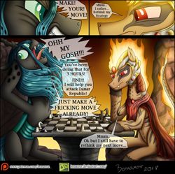 Size: 1200x1193 | Tagged: safe, artist:bonaxor, queen chrysalis, oc, oc:infernox, changeling, changeling queen, comic:lunar republic stories, angry, chess, comic, derp, dialogue, female, fire pony, male