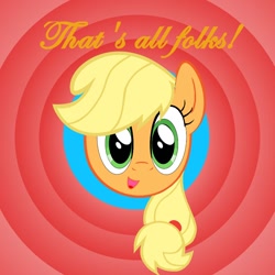 Size: 894x894 | Tagged: safe, artist:applejack, applejack, earth pony, pony, bust, hatless, looking at you, looney tunes, merrie melodies, missing accessory, open mouth, portrait, smiling, solo, that's all folks, vector