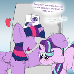 Size: 1280x1280 | Tagged: safe, artist:firefanatic, starlight glimmer, twilight sparkle, twilight sparkle (alicorn), alicorn, pony, blushing, cute, dialogue, doodle, drawing, embarrassed, fluffy, head pat, heart, huge ears, impossibly large ears, refrigerator