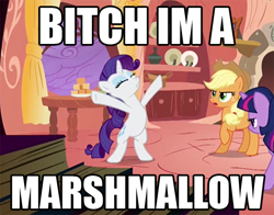 Size: 600x470 | Tagged: safe, derpibooru import, edit, edited screencap, screencap, applejack, rarity, twilight sparkle, earth pony, pony, look before you sleep, bipedal, eyes closed, image macro, marshmallow, rarity is a marshmallow, vulgar