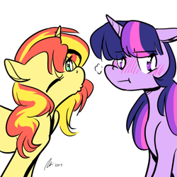 Size: 500x500 | Tagged: safe, artist:rwl, sunset shimmer, twilight sparkle, pony, :t, awkward, blushing, female, imminent kissing, kissing, kissy face, lesbian, shipping, sunsetsparkle, tsundere, tsunlight sparkle