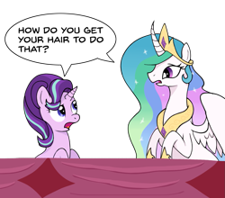 Size: 1147x1011 | Tagged: safe, artist:zharkaer, princess celestia, starlight glimmer, alicorn, pony, unicorn, no second prances, curved horn, dialogue, duo, jewelry, regalia, simple background, sitting, speech bubble, transparent background