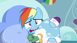 Size: 300x168 | Tagged: safe, derpibooru import, screencap, rainbow dash, tank, pegasus, pony, tanks for the memories, bathrobe, clothes, crying, faic, hug, rainbow dash is best facemaker, robe