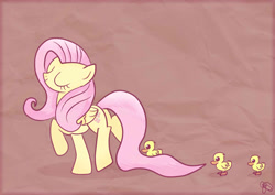 Size: 770x546 | Tagged: safe, artist:balloons504, fluttershy, bird, duck, pegasus, pony, duckling, eyes closed, female, mare, signature, smiling, solo, walking