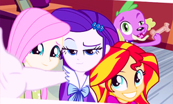 Size: 500x300 | Tagged: safe, fluttershy, rarity, spike, sunset shimmer, dog, equestria girls, rainbow rocks, photobomb, picture, spike the dog