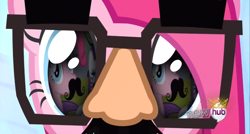 Size: 1360x728 | Tagged: safe, pinkie pie, earth pony, pony, magical mystery cure, glasses, groucho mask, moustache, wallpaper