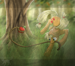 Size: 1731x1523 | Tagged: safe, artist:kocurzyca, applejack, earth pony, pony, apple, obligatory apple, rope