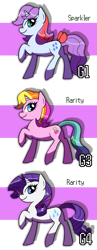 Size: 700x1810 | Tagged: dead source, safe, artist:shufflestripes, rarity, rarity (g3), sparkler (g1), pony, unicorn, g1, g3, comparison, g1 to g4, g3 to g4, generation leap