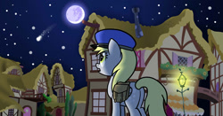 Size: 1590x834 | Tagged: safe, artist:edowaado, derpy hooves, pegasus, pony, comic, female, hat, link, mailbag, mailpony, mare, mare in the moon, moon, ponyville, shooting star, streetlight