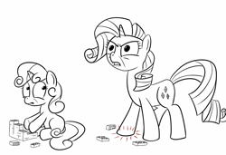 Size: 1000x682 | Tagged: safe, artist:tggeko, rarity, sweetie belle, pony, unicorn, lego, pain, stepping on a lego