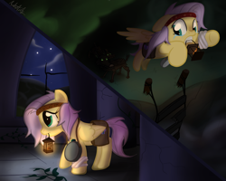 Size: 1000x800 | Tagged: safe, artist:mattatatta, fluttershy, pegasus, pony, timber wolf, castle, castle of the royal pony sisters, crying, everfree forest, lantern, survivor shy