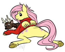 Size: 500x397 | Tagged: safe, artist:cartoonlion, edit, fluttershy, oc, oc:futashy, pegasus, pony, reindeer, ask, ask futashy, bottomless, clothes, dock, featureless crotch, futa, futashy, intersex, partial nudity, plot, plushie, sweater, sweatershy, unshorn fetlocks