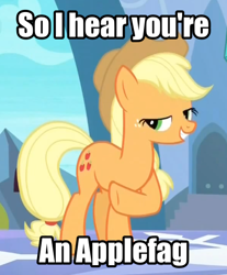 Size: 395x477 | Tagged: safe, applejack, earth pony, pony, blonde mane, female, image macro, mare, orange coat, solo, vulgar