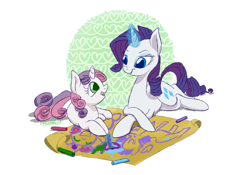 Size: 3264x2291 | Tagged: safe, artist:eggsammich, rarity, sweetie belle, pony, unicorn, crayon, drawing, magic, sisters