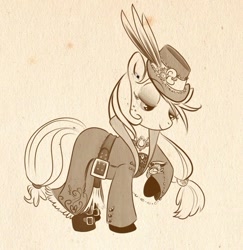 Size: 569x585 | Tagged: safe, artist:bunnimation, applejack, earth pony, pony, brown background, classy, clothes, dress, feather, female, hat, mare, monochrome, photoshop, simple background, solo, steampunk, watch