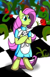 Size: 1008x1560 | Tagged: safe, artist:dreadlime, angel bunny, fluttershy, pegasus, pony, alice in wonderland, female, mare