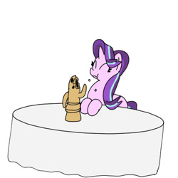 Size: 500x500 | Tagged: safe, artist:kushina13, starlight glimmer, pony, unicorn, eating, eyes closed, haniwa, simple background, solo, table, tablecloth, white background