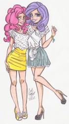 Size: 668x1196 | Tagged: safe, artist:thebatwoman616, pinkie pie, rarity, high heels, humanized, skinny, traditional art