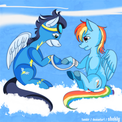 Size: 780x780 | Tagged: safe, artist:shokly, derpibooru import, rainbow dash, soarin', pegasus, pony, backwards cutie mark, bandage, female, injured, male, mare, shipping, soarindash, stallion, straight, teary eyes