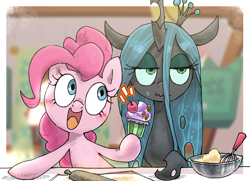 Size: 1800x1300 | Tagged: safe, artist:nendo, pinkie pie, queen chrysalis, changeling, changeling queen, earth pony, pony, blushing, cherry, cooking, cupcake, cute, cutealis, diapinkes, duo, duo female, embarrassed, female, food, mare, open mouth, wide eyes