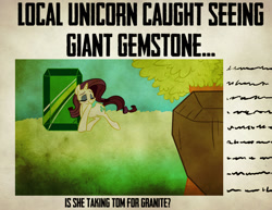 Size: 800x618 | Tagged: safe, artist:bunnimation, rarity, tom, pony, unicorn, gem, newspaper, pun, rock pun