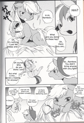 Size: 1139x1670 | Tagged: safe, artist:dogear (inumimi moeta), derpibooru import, applejack, rainbow dash, earth pony, pegasus, pony, monochrome, niji iro ao ringo, translation