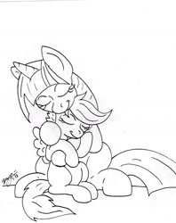 Size: 1280x1613 | Tagged: safe, artist:el ray, derpibooru import, scootaloo, twilight sparkle, hug, monochrome, scootalove