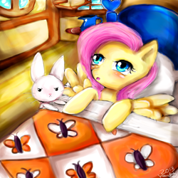 Size: 1000x1000 | Tagged: safe, artist:wendysakana, angel bunny, fluttershy, pegasus, pony, bed, morning ponies