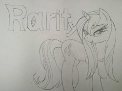 Size: 800x600 | Tagged: safe, artist:spyrod, rarity, pony, unicorn, alternate hairstyle, female, grayscale, mare, monochrome, raised hoof, simple background, sketch, smiling, solo, text, traditional art, white background