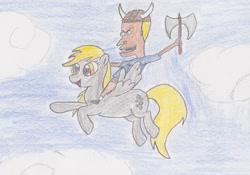 Size: 2636x1846 | Tagged: safe, artist:darkknightwolf2011, derpy hooves, pegasus, pony, axe, beavis, beavis and butthead, cloud, cloudy, crossover, excited, female, helmet, mare, sky, traditional art