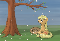 Size: 5466x3771 | Tagged: safe, artist:morevespenegas, applejack, earth pony, pony, female, flower petals, looking up, mare, sitting, solo, tree