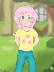 Size: 1512x2000 | Tagged: safe, artist:zekromlover, fluttershy, human, blushing, breasts, delicious flat chest, flattershy, humanized, young