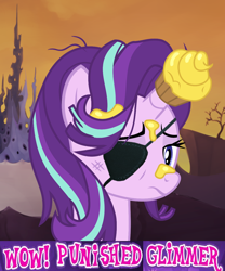 Size: 1046x1255 | Tagged: safe, starlight glimmer, pony, unicorn, abuse, changeling kingdom, cupcake, cupcakeglimmer, expand dong, exploitable meme, eyepatch, food, frosting, glimmerbuse, horn impalement, meme, messy mane, metal gear, metal gear solid, metal gear solid 5, punished snake, sad, solo, wow! glimmer