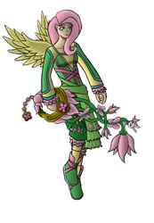 Size: 742x1075 | Tagged: safe, artist:xelim, fluttershy, clothes, dress, humanized, keyblade, kingdom hearts, winged humanization