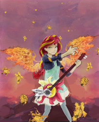 Size: 7556x9240 | Tagged: safe, artist:owlvortex, sunset shimmer, equestria girls, absurd resolution, fire, guitar, music notes, solo, sunset phoenix, sunset shredder