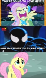 Size: 957x1618 | Tagged: safe, fluttershy, pegasus, pony, flutterrage, love me, spider-man, symbiote, vulgar, you're going to love me