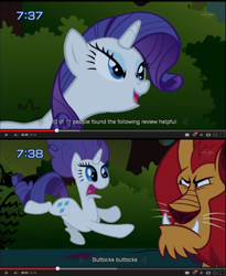 Size: 500x609 | Tagged: safe, screencap, manny roar, rarity, manticore, pony, unicorn, faic, youtube caption