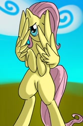 Size: 500x759 | Tagged: safe, artist:bingodingo, fluttershy, pegasus, pony, bipedal, shy, solo