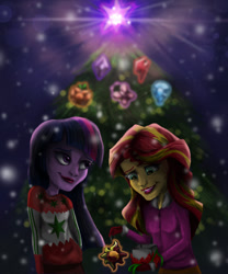 Size: 1024x1229 | Tagged: safe, artist:dangerblaze, rainbow dash, sunset shimmer, twilight sparkle, twilight sparkle (alicorn), alicorn, equestria girls, christmas, christmas tree, elements of harmony, holiday, present, tree