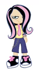 Size: 618x1162 | Tagged: safe, artist:kaoshoneybun, fluttershy, clothes, emoshy, female, humanized, pink hair, solo