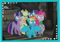 Size: 3679x2576 | Tagged: safe, derpibooru import, screencap, applejack, fluttershy, pinkie pie, rainbow dash, rarity, spike, twilight sparkle, twilight sparkle (alicorn), alicorn, dragon, earth pony, pegasus, pony, unicorn, my little pony: the movie, scared