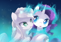 Size: 900x624 | Tagged: dead source, safe, artist:loyaldis, princess silver swirl, rarity, pony, unicorn, g2, female, heart eyes, heartbreak, wingding eyes