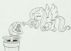 Size: 1244x900 | Tagged: safe, artist:joelashimself, fluttershy, pegasus, pony, crossover, eyes closed, flying, mouth hold, nintendo, open mouth, piranha plant, smiling, super mario bros., watering, watering can