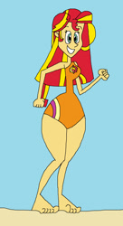 Size: 1009x1849 | Tagged: safe, artist:hunterxcolleen, sunset shimmer, equestria girls, 1000 hours in ms paint, barefoot, beach, bikini, clothes, dancing, feet, ms paint, one-piece swimsuit, solo, swimsuit