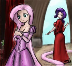 Size: 800x733 | Tagged: safe, artist:johnjoseco, artist:michos, color edit, edit, fluttershy, gummy, rarity, human, cleavage, clothes, colored, crossover, disney princess, dress, female, humanized, impossibly long hair, long hair, mother gothel, rapunzel, tangled (disney)