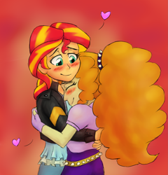 Size: 1789x1861 | Tagged: safe, artist:catlover1672, adagio dazzle, sunset shimmer, equestria girls, blushing, female, heart, hug, lesbian, shipping, sunsagio